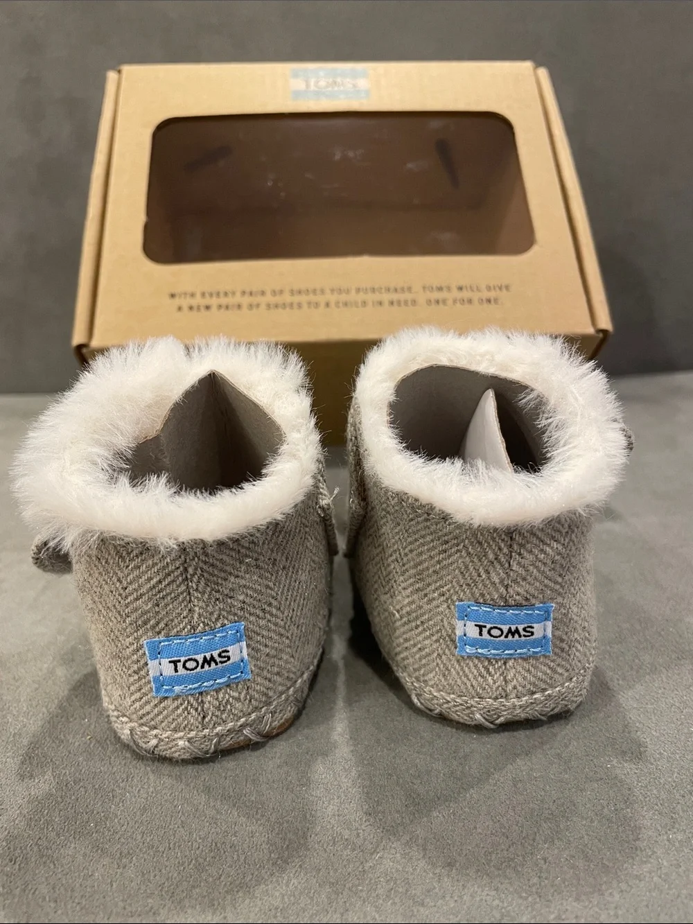 NEW Tom’s Newborn Cuna Grey Booties NIB Drizzle Herringbone 0-6 month Baby Shoex